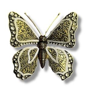 Vintage Butterfly Brooch Pin Womens Spanish Gold Black Tone Art Deco Boho